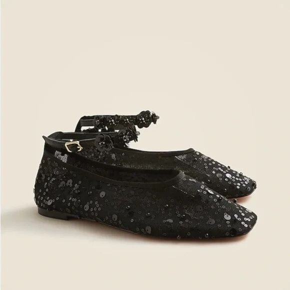 J. Crew Quinn Black Sequin And Mesh Ballet Flats w/Removable Ankle Strap Sz 8 - Picture 1 of 14
